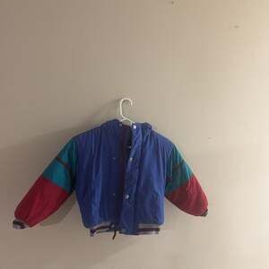 Vintage Color Block Puffer Jacket Blue Red Teal Bomber Style Winter Coat